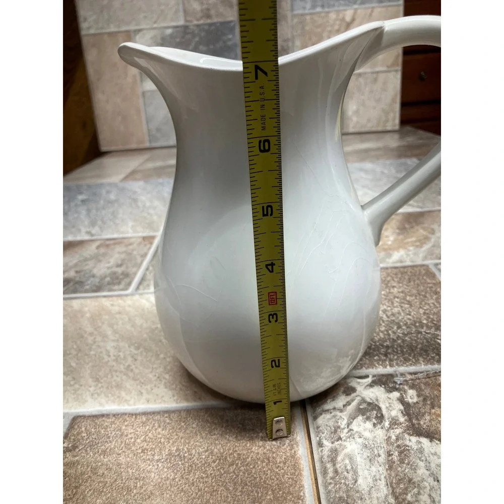 White Ceramic Pitcher Scalloped Rim Farmhouse Style Flower Vase 7 Inch